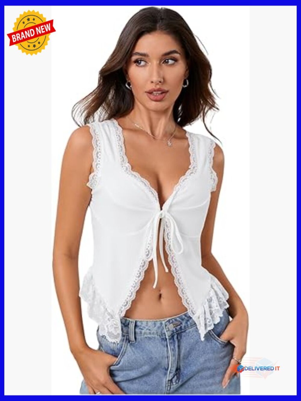 Sleeveless Crop Tank with Lace Trim and Front Tie